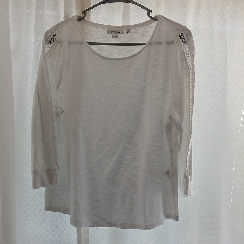 Chico's White Long Sleeve Scoop Neck Top with Crochet Trim